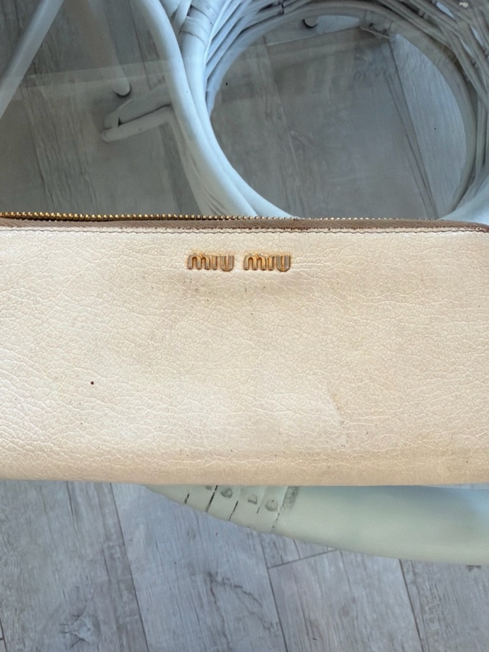 Miu Miu Cream Leather Zip Wristlet with Gold Logo